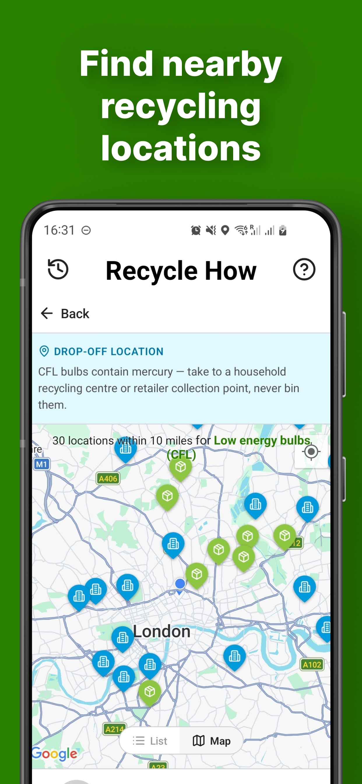 Find nearby recycling locations on the map